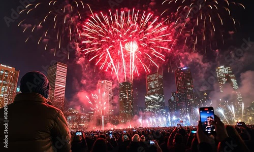 Spectacular New Year's Eve fireworks illuminate the Chicago skyline as a crowd celebrates joyfully