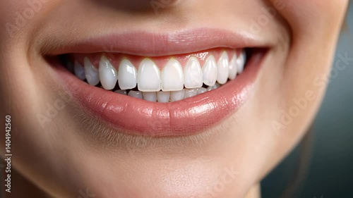 Close-up of a healthy female smile with white teeth. Dental care and oral hygiene concept for design and Modern print.
