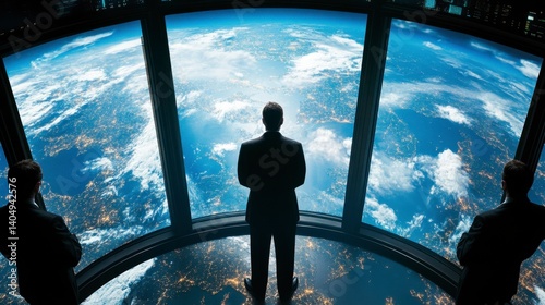 Fototapeta Naklejka Na Ścianę i Meble -  Silhouette of a man in a suit gazing at the Earth from a space station window. Two other figures are partially visible in the background.
