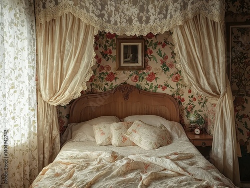 Cozy floral bedroom: A vintage-style sanctuary with floral wallpaper, draped curtains, and a comfortable bed for a restful escape.