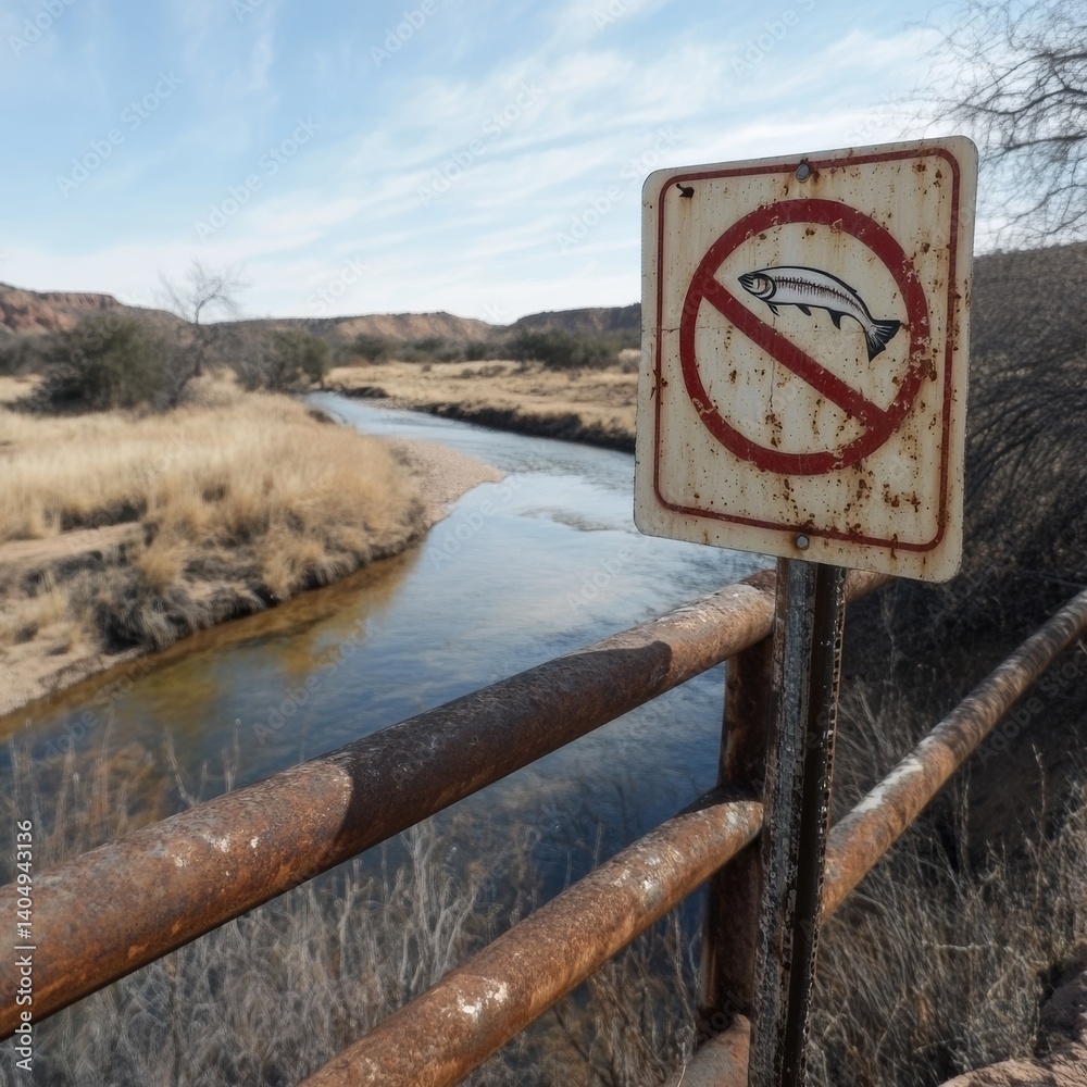 Dry river, sign: No Fishing.