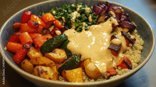 Roasted vegetables and quinoa power bowl drizzled with creamy sauce
