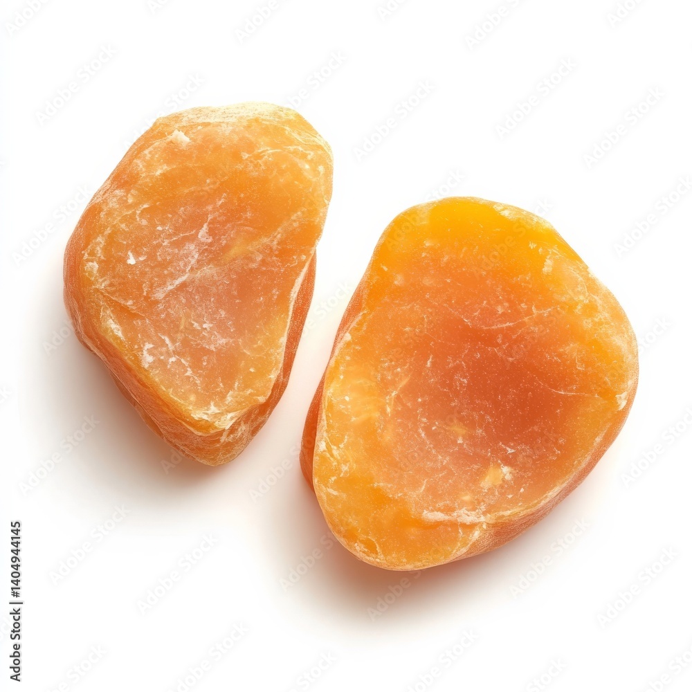 Pastel apricot halves on white.