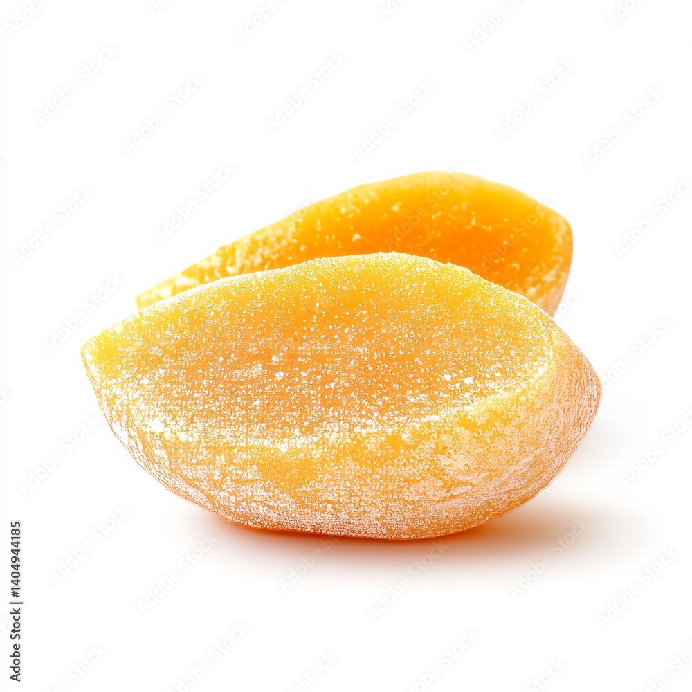 Two pastel apricot halves on white.
