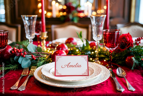 Elegant Holiday Table Setting With Name Card For Amelia Close Up View