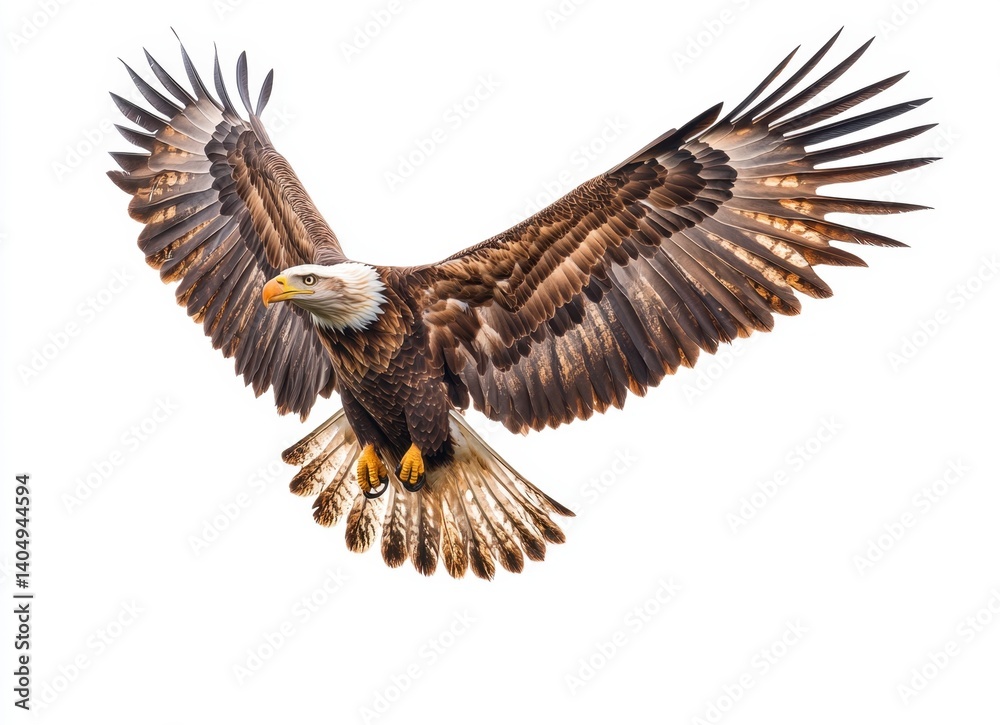 Obraz premium Bald Eagle in Flight with Spread Wings Against White Background