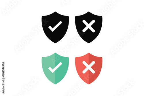 Shield with Yes No Icons, right and wrong button in shield, security shield with tick and cross icon, verified and rejected shield symbol