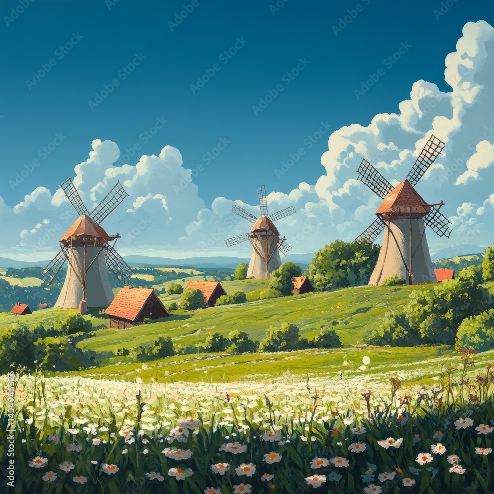Windmills align in green meadows under a clear sky.