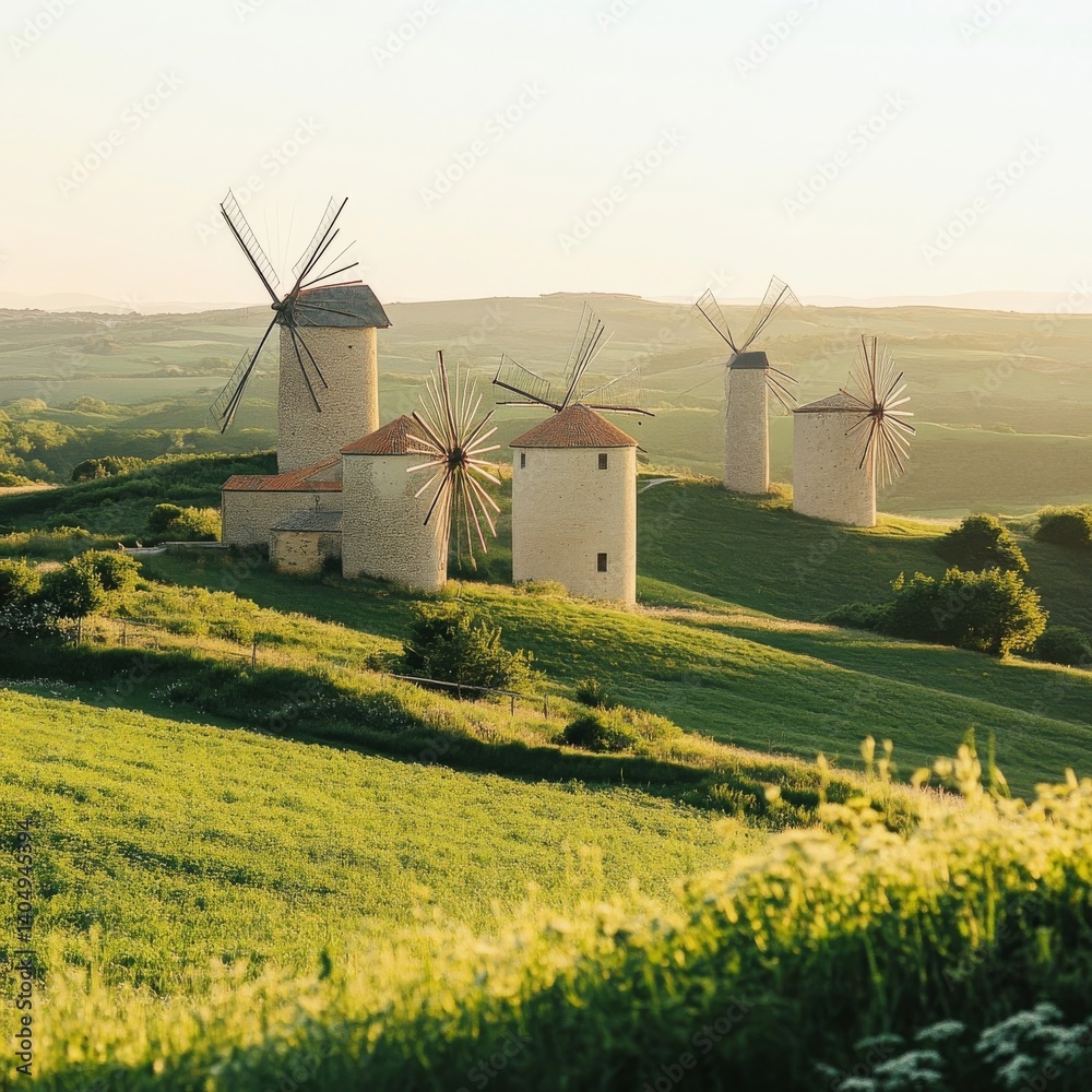 Idyllic: aligned windmills, green fields, blue sky.