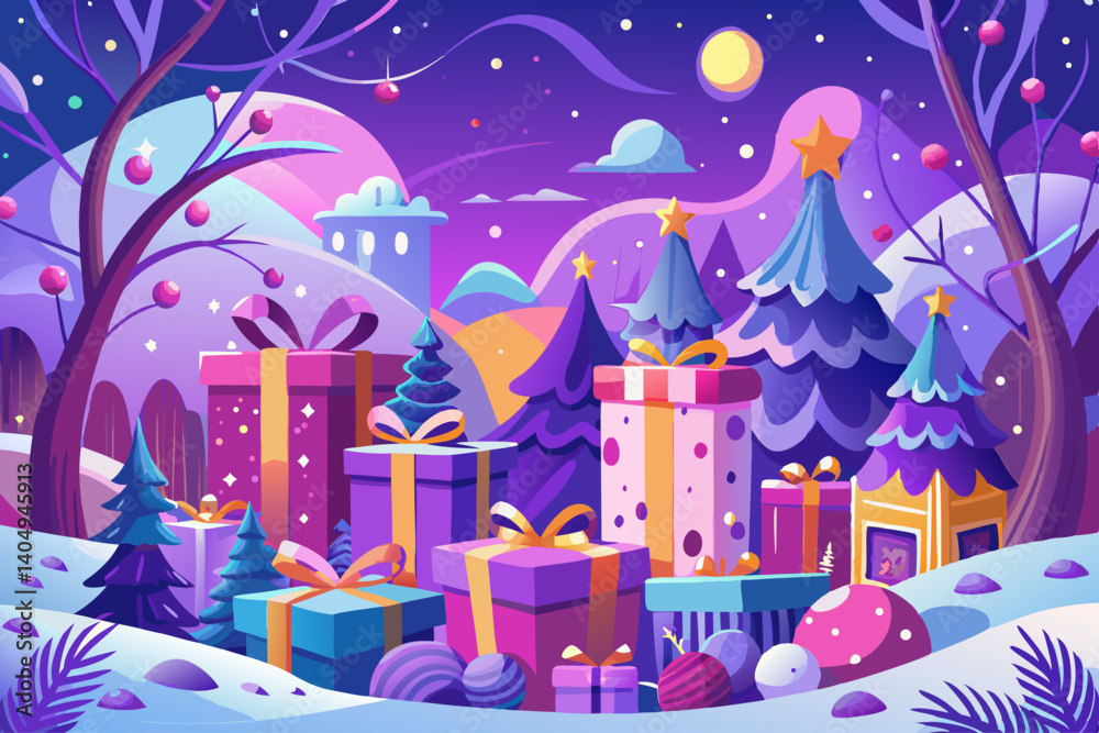 vector of Feast on gifts in a purple winter wonderland. vector of Feast on gifts in a purple winter wonderland.