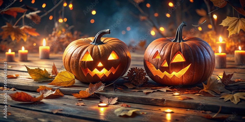 Fototapeta premium Aerial View of Two Jack-o'-Lanterns on Porch at Night