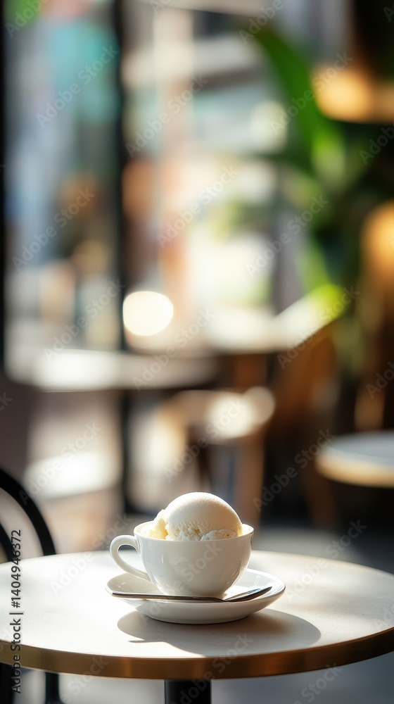A scoop of creamy vanilla ice cream in a small white teacup. A scoop of creamy vanilla ice cream in a small white teacup.