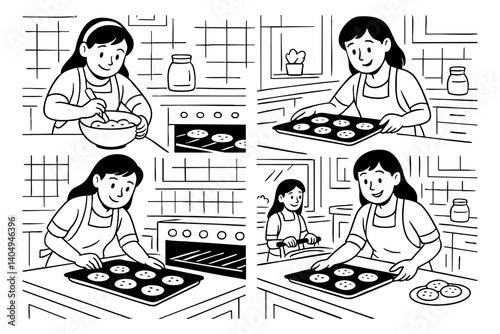 Woman baking cookies in the kitchen doodle cartoon drawing vector illustration set with Varied Poses and Expressions