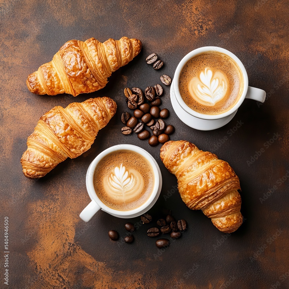 Fresh coffee with croissants, flat lay.
