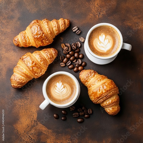 Obraz na płótnie Fresh coffee with croissants, flat lay. w salonie