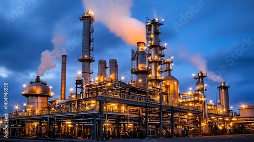 Illuminated Industrial Complex at Night with Smoke