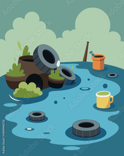 The murky water is a jumbled mess of litter with old tires and broken appliances jutting out from the surface.. Vector illustration
