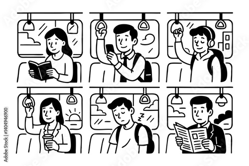 people on the bus activity doodle cartoon drawing vector illustration set with Varied Poses and Expressions