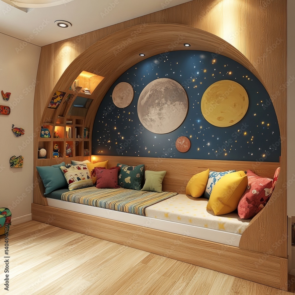 Cosmic kids' room with bed and seating.
