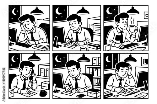 Man working late in an office cubicle doodle cartoon drawing vector illustration set with Varied Poses and Expressions