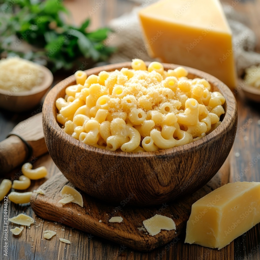 Mac and cheese fixings on aged wood.