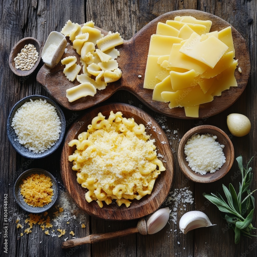 Vintage wood with yummy mac and cheese ingredients.