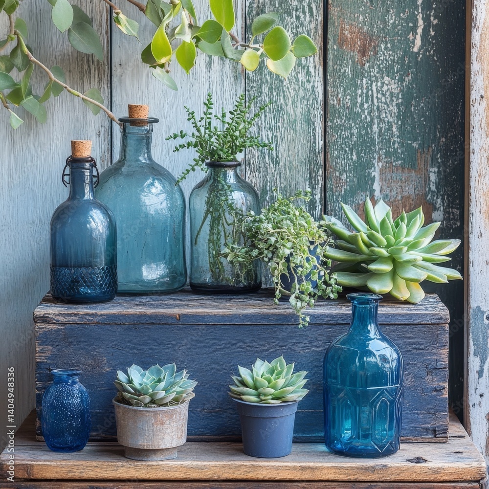 Rustic home decor: plants, succulents, wood box, vintage glass on wood.