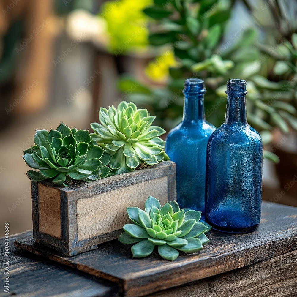 Wooden board with plants, succulents, and old blue glass: rustic style.