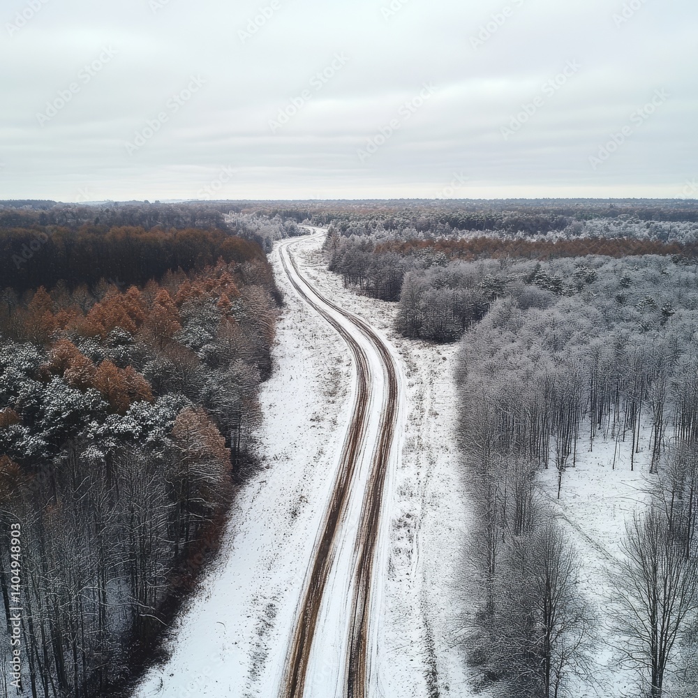 Snowy forest road from above, drone image.