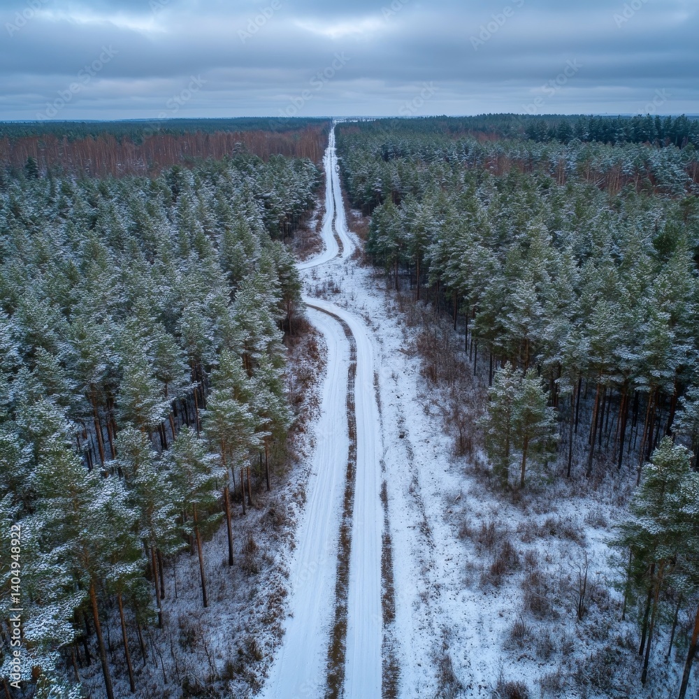 Drone photo: snowy rural area with forest road.