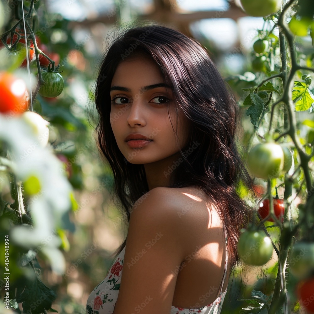 Attractive Indian girl poses in garden greenhouse with vegetables. Close-up portrait.
