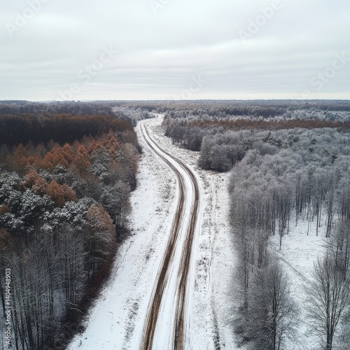 Obraz na płótnie Snowy forest road from above, drone image. w salonie