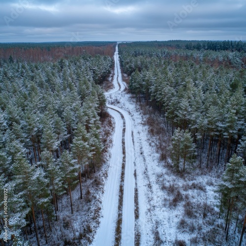 Drone photo: snowy rural area with forest road.