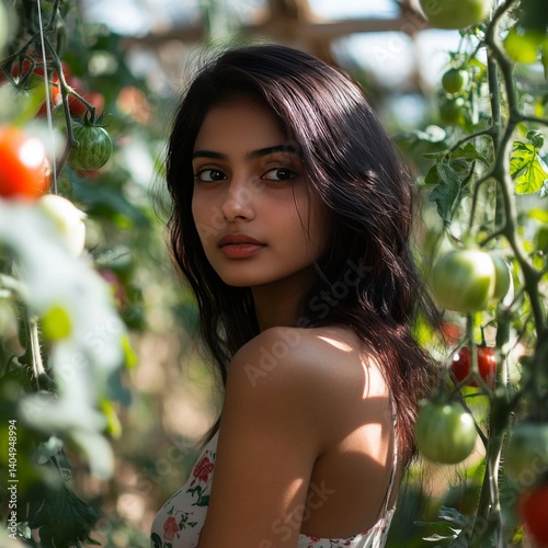 Obraz na płótnie Attractive Indian girl poses in garden greenhouse with vegetables. Close-up portrait. w salonie