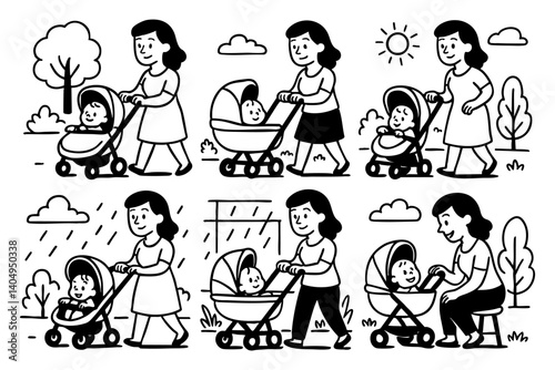 mother pushing a stroller in the park with the baby doodle cartoon drawing vector illustration set with Varied Poses and Expressions