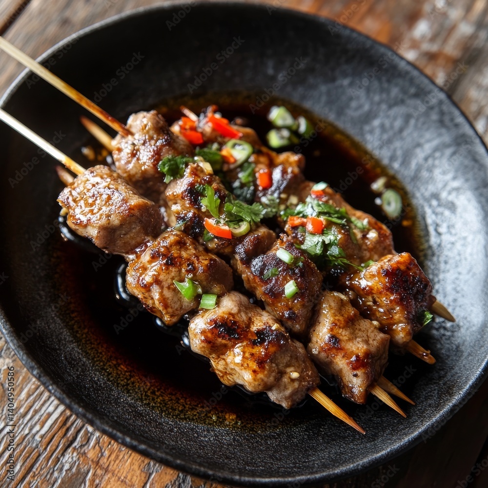 Wooden table, pork satay.