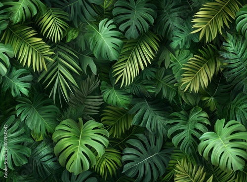Lush Green Tropical Leaves Background with Monstera and Palm Fronds