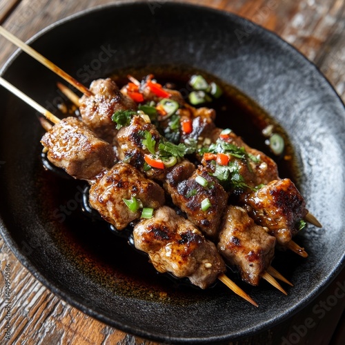 Obraz na płótnie Wooden table, pork satay. w salonie