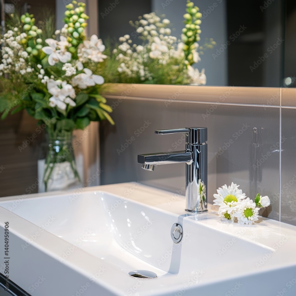 Modern bath: clean sink, floral details, close up.