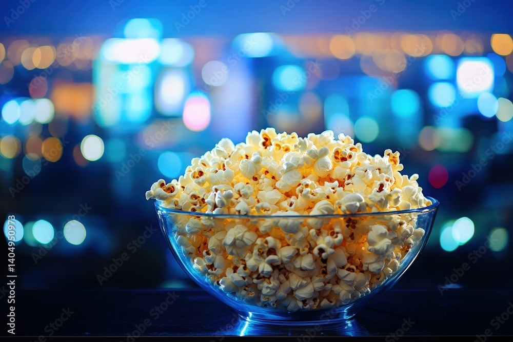 A bowl of popcorn against a backdrop of city lights at night. A bowl of popcorn against a backdrop of city lights at night.