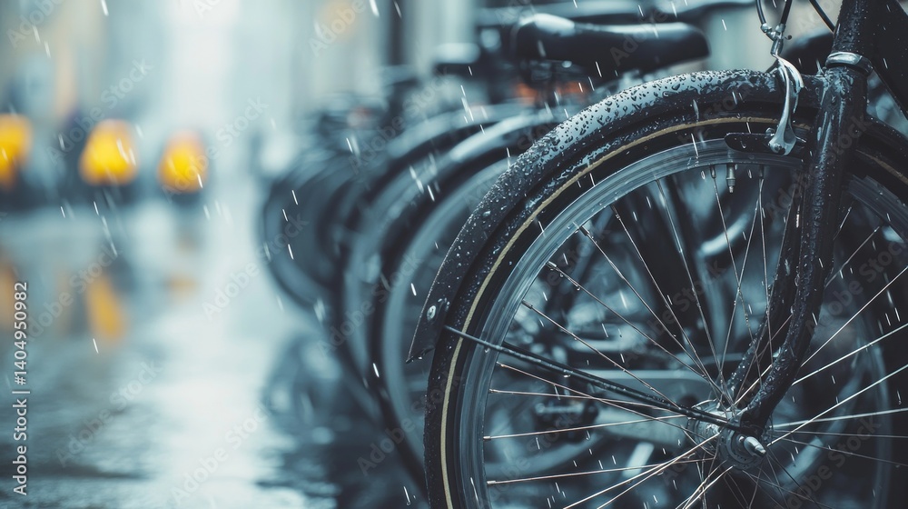 Fototapeta premium Rainy Day Bikes: Urban Cycling in the Downpour