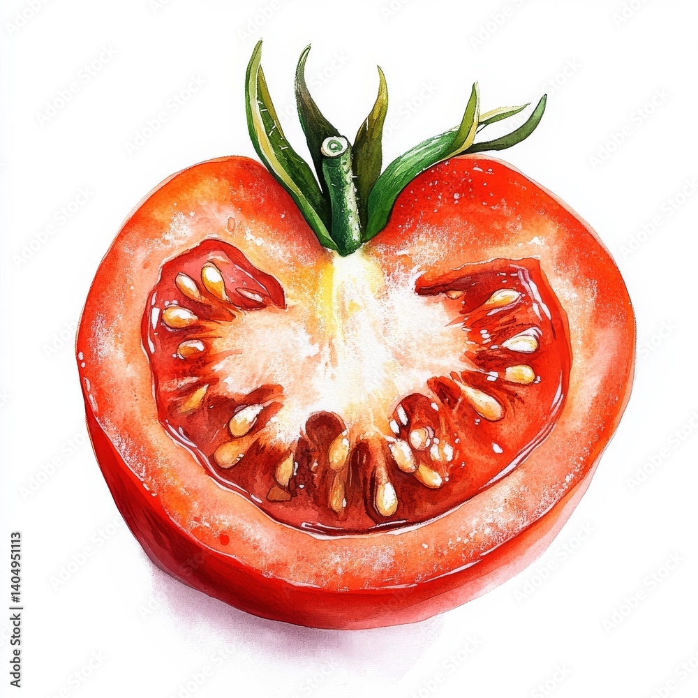Red tomato cut open, seeds and pulp.