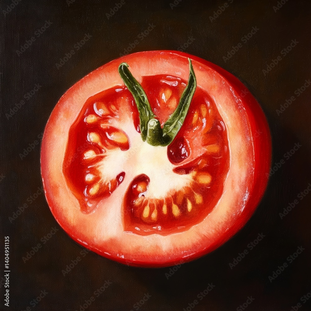 Red tomato half: seeds, pulp.