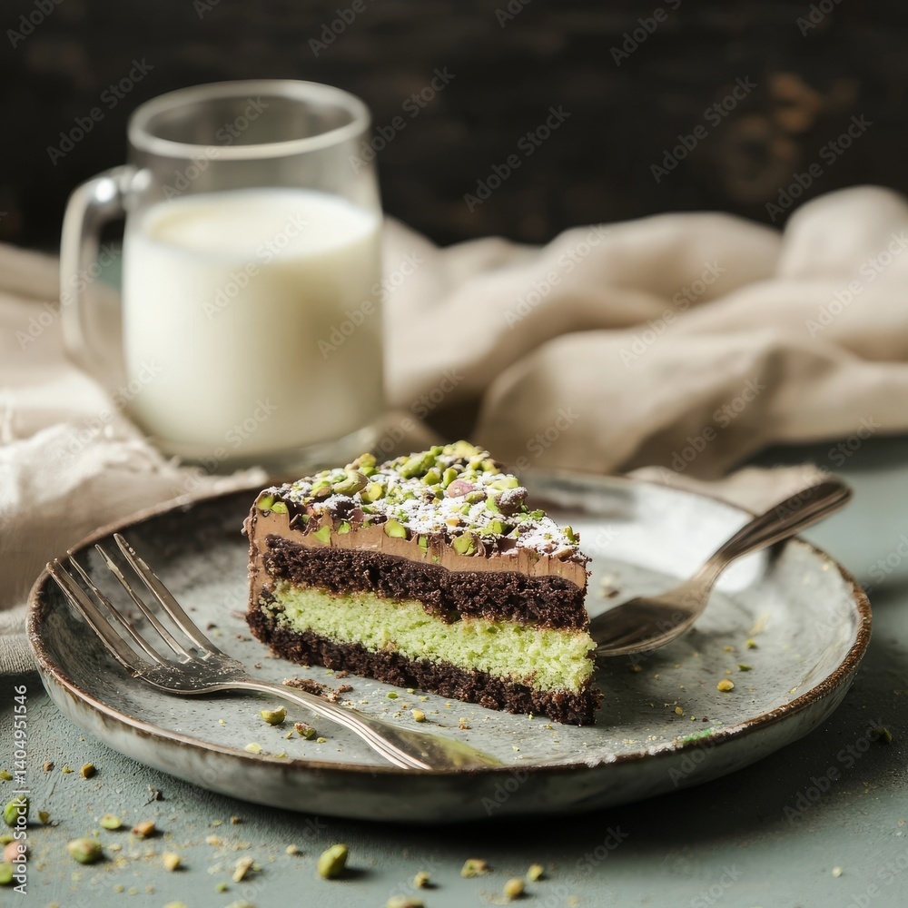 Cake, milk, fork, whisk: pistachio chocolate.