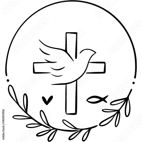 First Holy Communion, Konfirmation, Baptism, Cross, Dove, Church, Fish, Vector Illustration