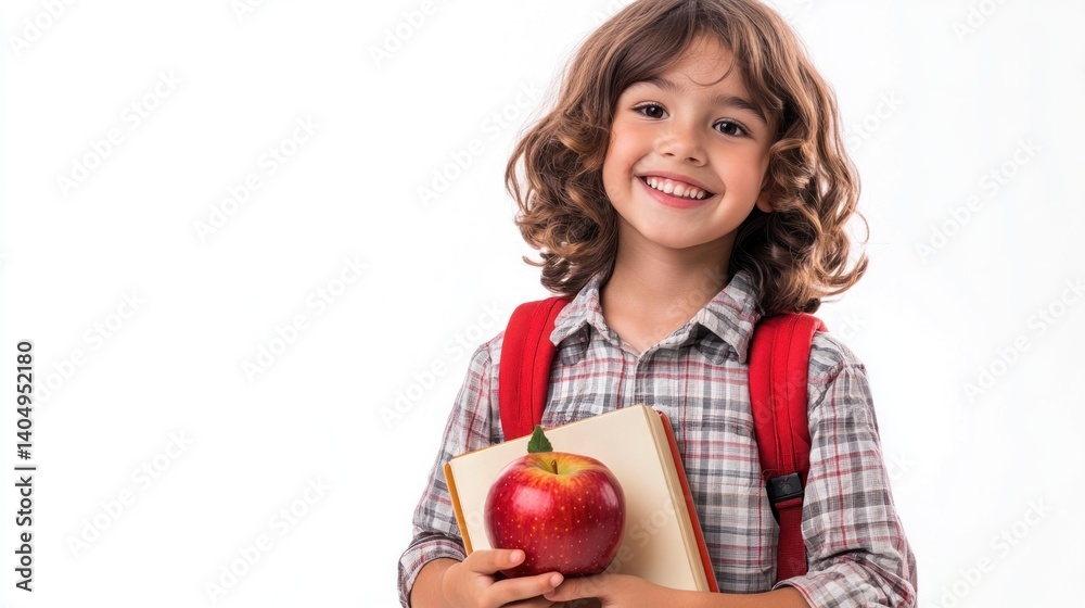 Smiling Child Ready for School with Books and Apple Smiling Child Ready for School with Books and Apple