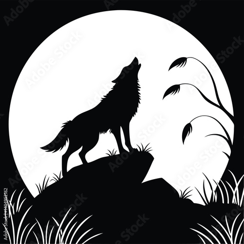 Lone Wolf Howling Silhouette: Minimalist Wildlife Art in Stark Black & White