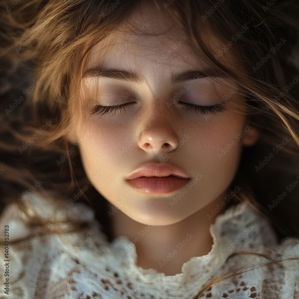 Dreaming girl looks down. Outside.