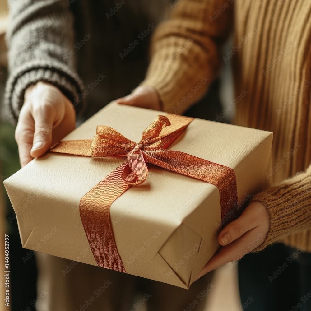 Man holds gift box, woman pulls ribbon.