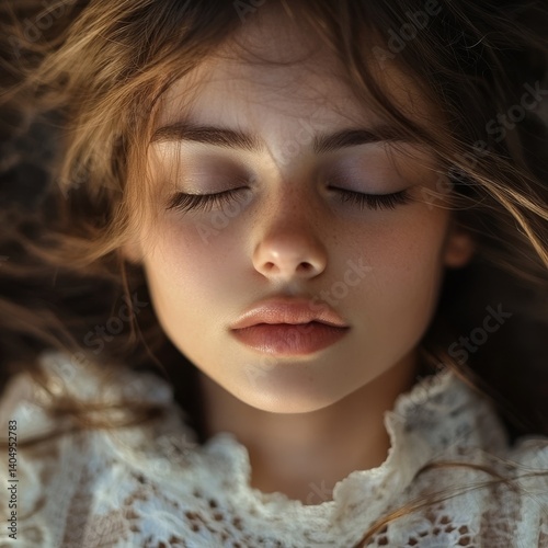 Dreaming girl looks down. Outside.